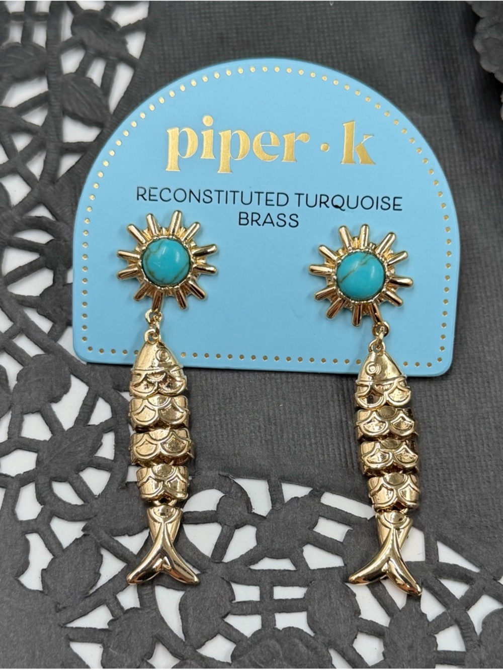Piper K Turquoise Sun Fish Drop Earrings Gold Tone Statement Coastal Beach NWT